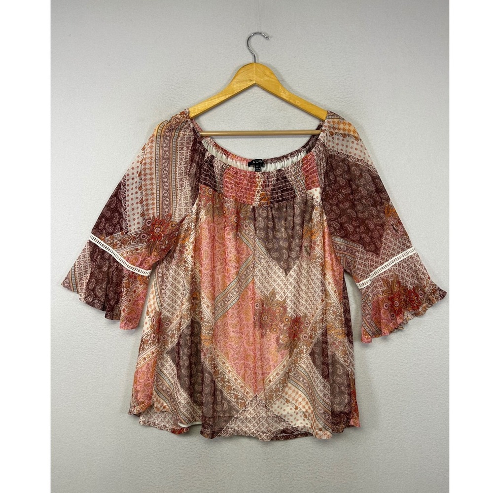 Earthy Peasant AUW Women 2X Multicolor Patchwork Smocked Bell Sleeve Blouse